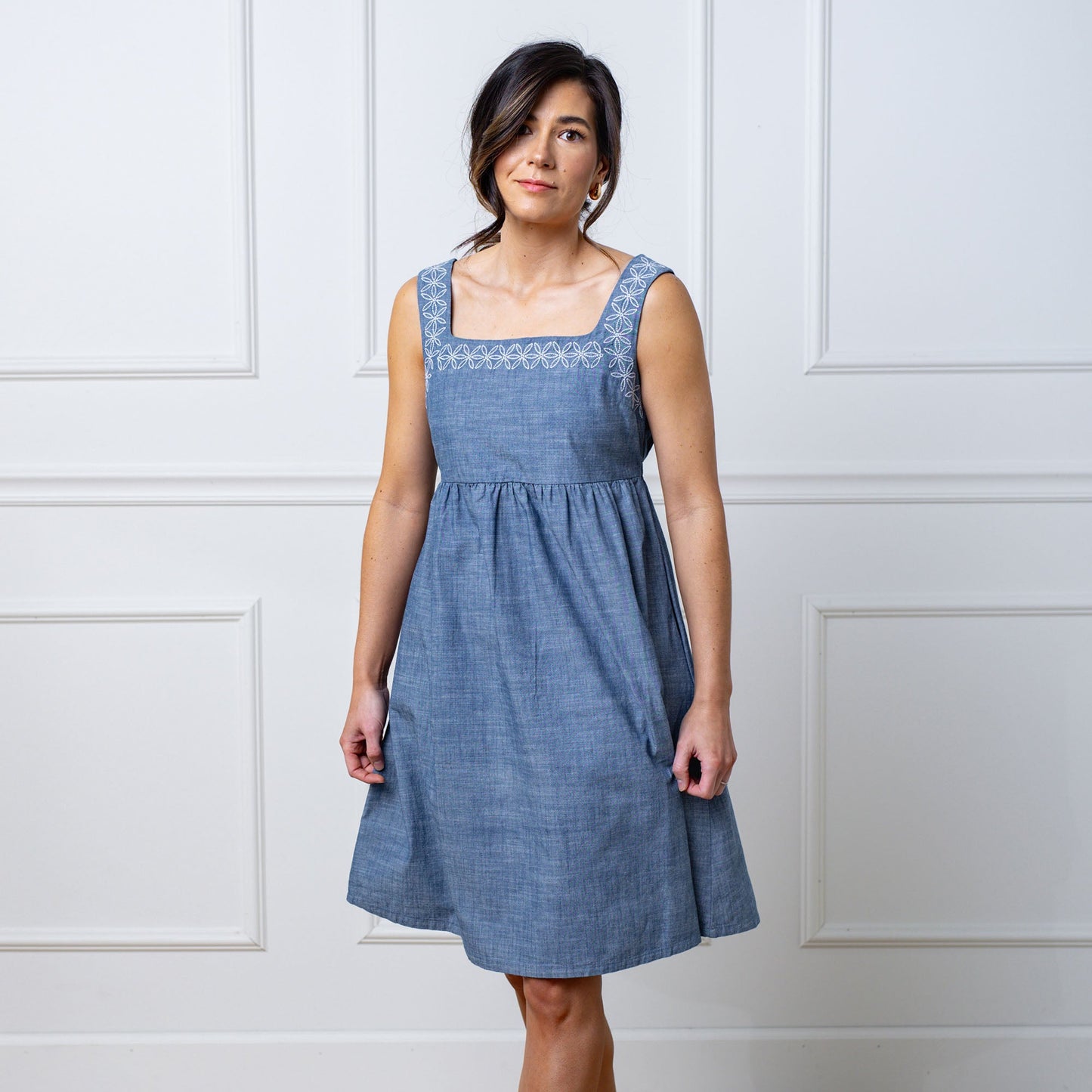 Women's Organic Chambray Dress with Embroidery