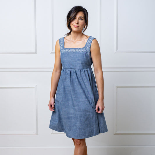 Women's Organic Chambray Dress with Embroidery