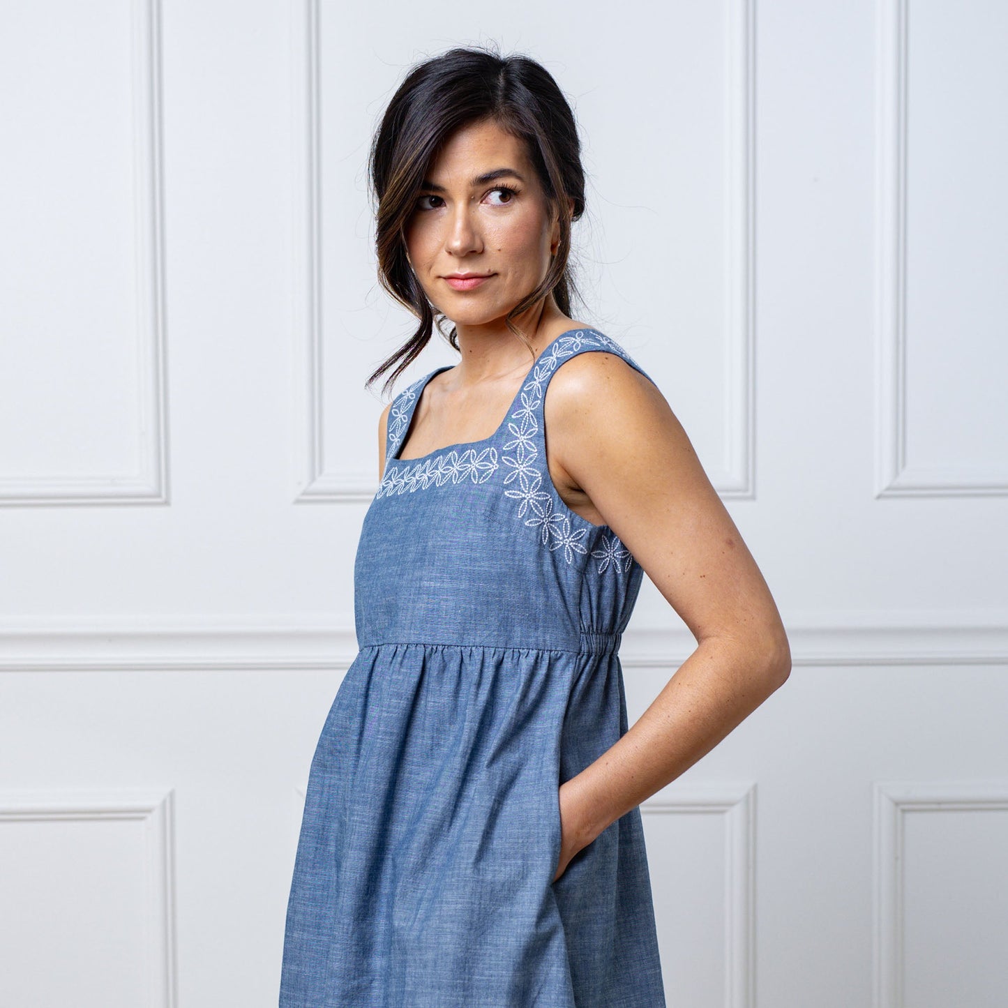 Women's Organic Chambray Dress with Embroidery