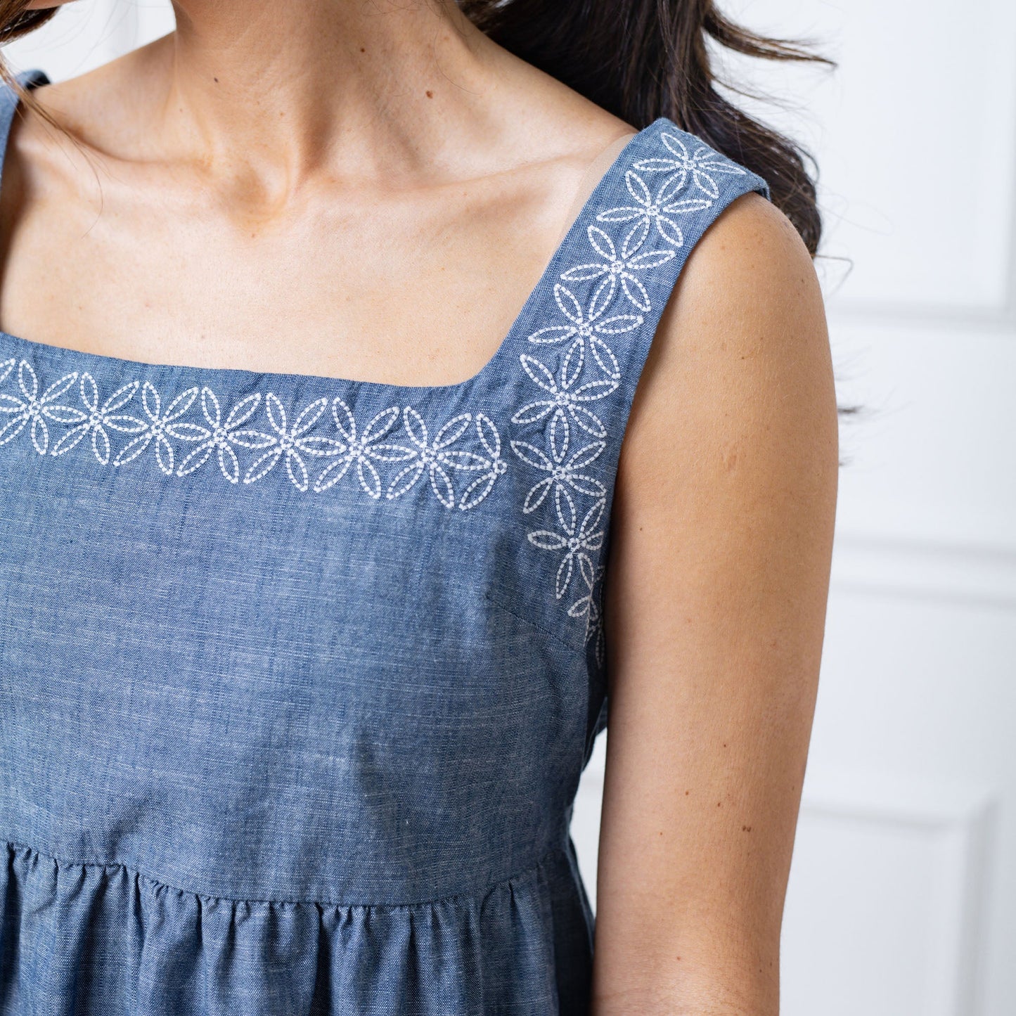 Women's Organic Chambray Dress with Embroidery