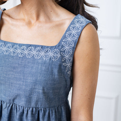 Women's Organic Chambray Dress with Embroidery
