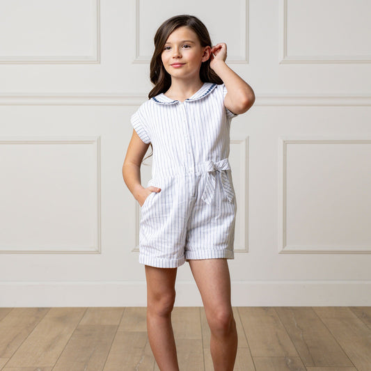 Girls Linen Collared Button Front Romper