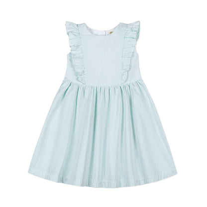 Girls Organic Flutter Sleeve Open Back Dress - Mint Seersucker
