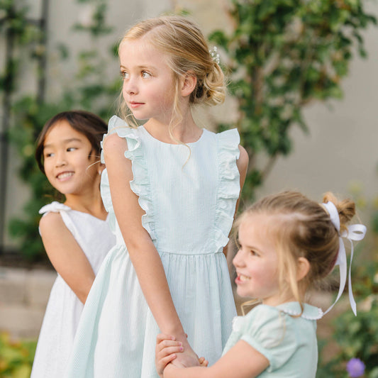 Girls Organic Flutter Sleeve Open Back Dress - Mint Seersucker