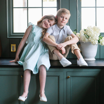 Girls Organic Flutter Sleeve Open Back Dress - Mint Seersucker