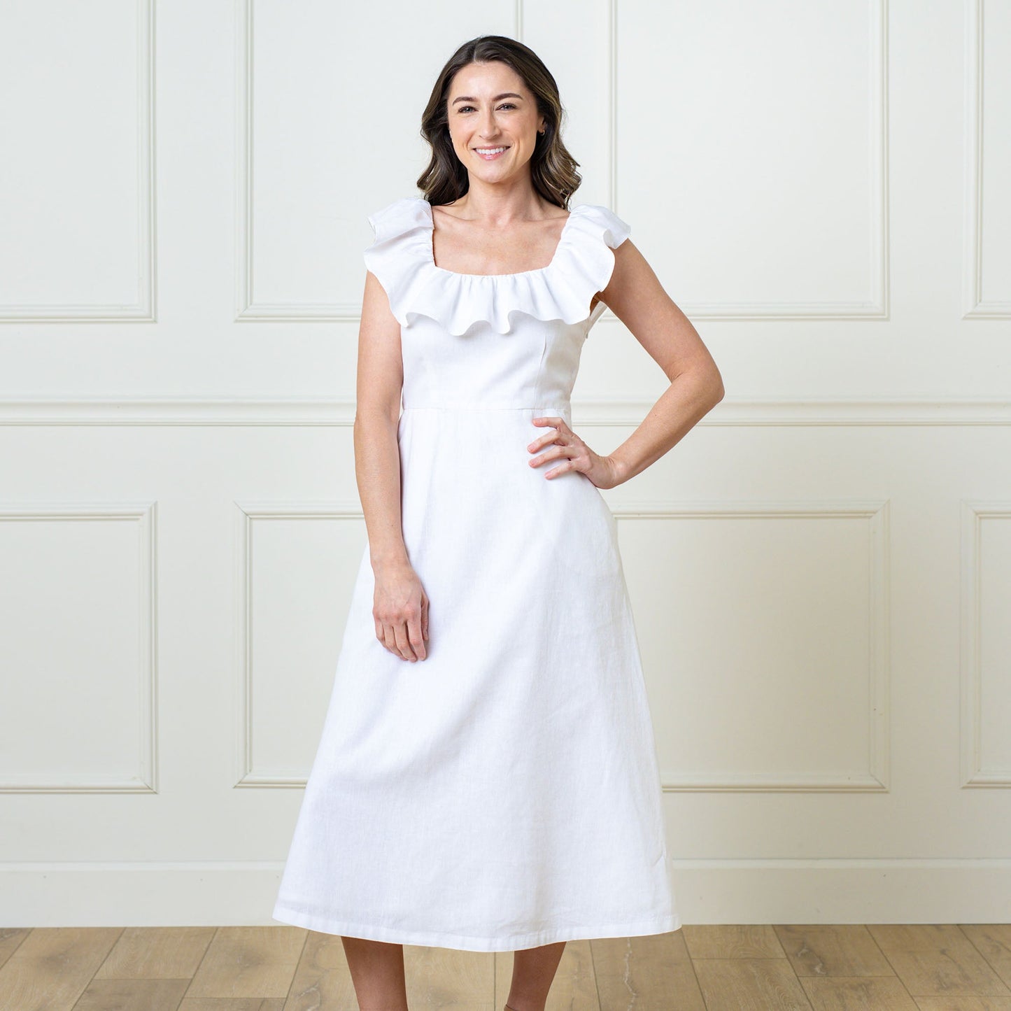 Women's Linen Ruffle Collar Dress