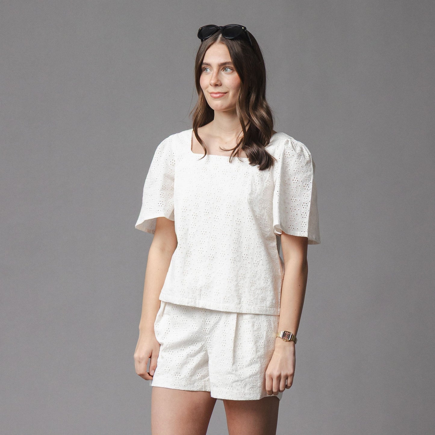 Women's Organic Flounce Sleeve Eyelet Top