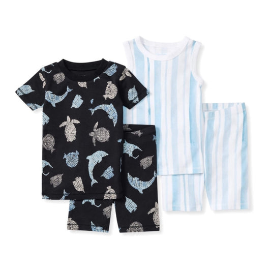 2 Pack Organic Toddler & Kid Boys PJ Set - Mosaic Sea Animals & Blue Stripe