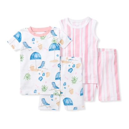 2 Pack Organic Toddler & Kid PJ Set - Santorini Beach & Pink Stripe