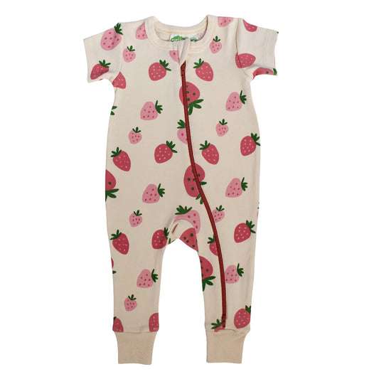 Organic Baby Short Sleeve Zip Romper - Strawberries