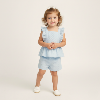 Organic Eyelet Flutter Top And Shorts Set - Light Blue Eyelet