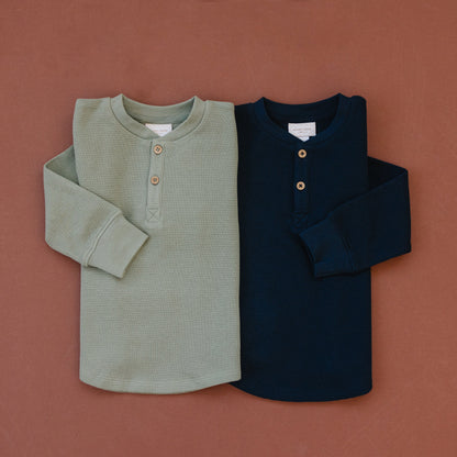 Organic Henley Long Sleeve Top - Dark Sapphire