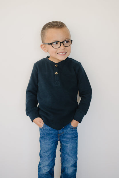 Organic Henley Long Sleeve Top - Dark Sapphire