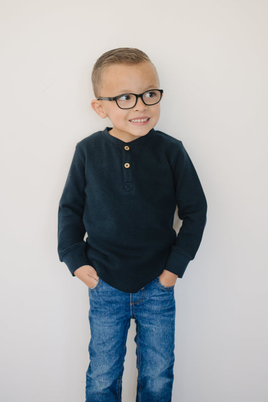 Organic Henley Long Sleeve Top - Dark Sapphire