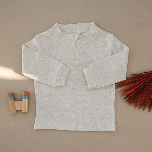 Organic Quarter Zip Waffle Knit Top - Ash