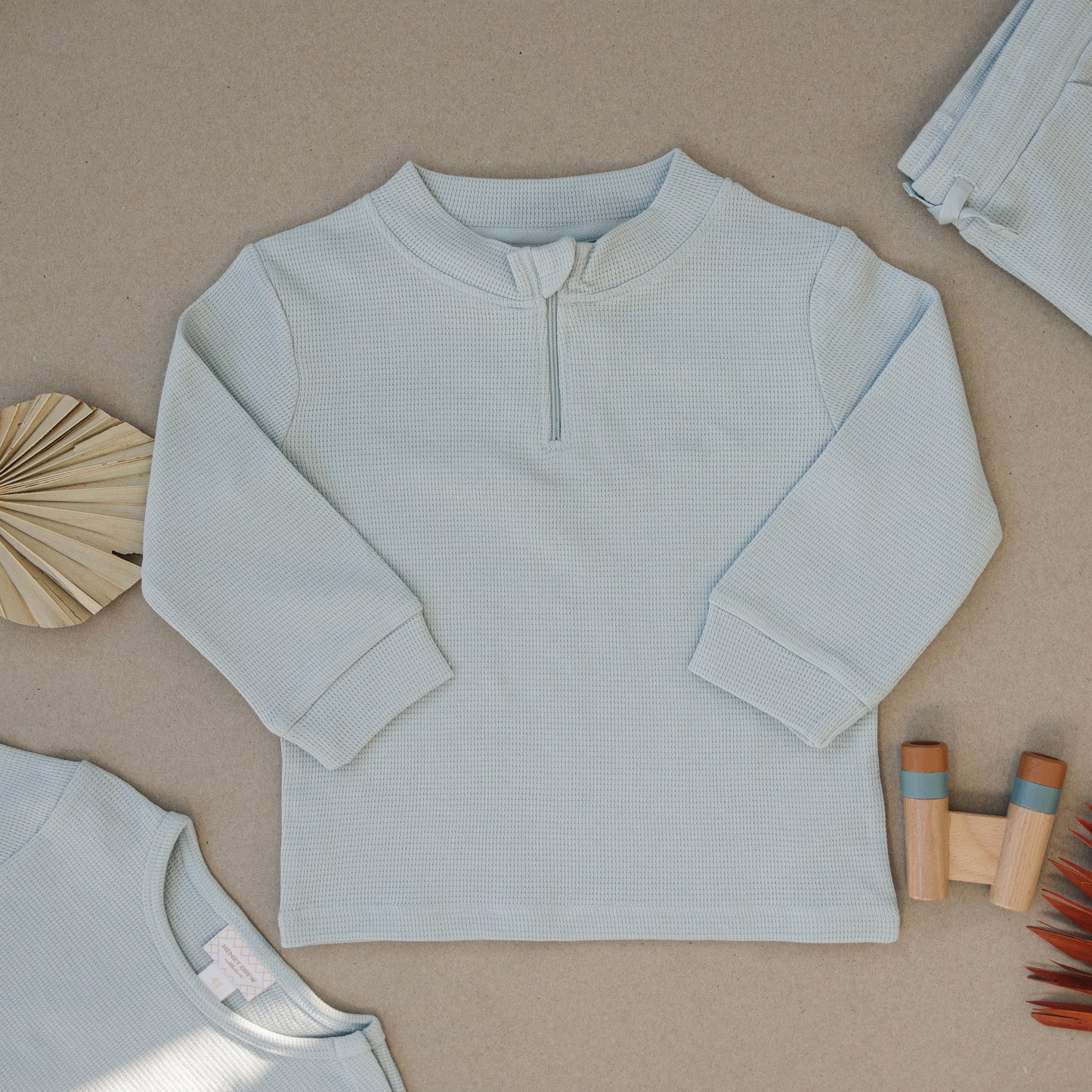 Organic Quarter Zip Waffle Knit Top - Seafoam Green