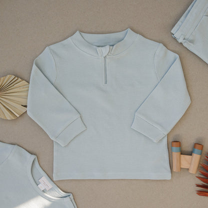 Organic Quarter Zip Waffle Knit Top - Seafoam Green