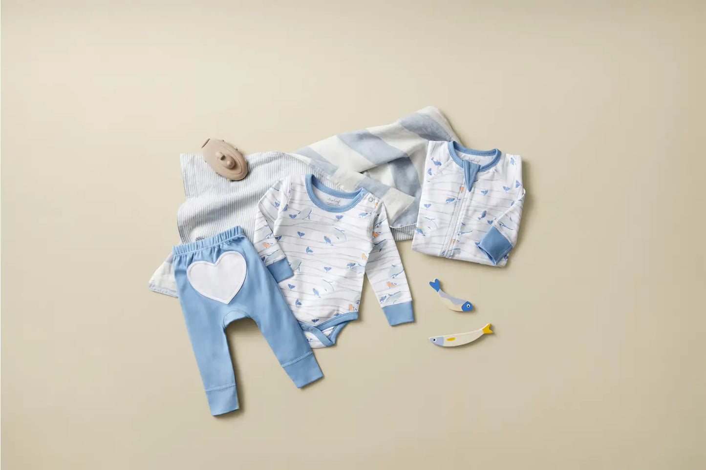 Organic Baby Pants - Heart Applique - Blue - Flat Lay View with Bodysuits