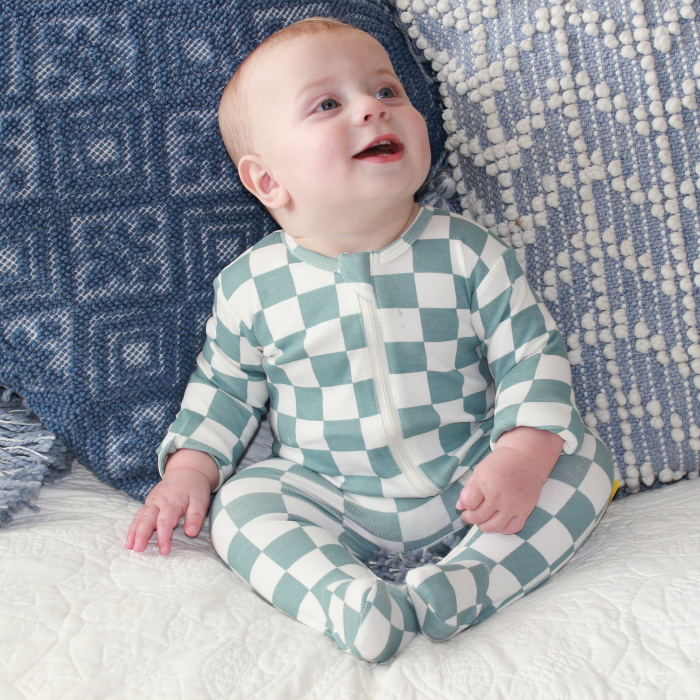 Organic Baby Zip Footie - Blueberry Muffin Checkerboard