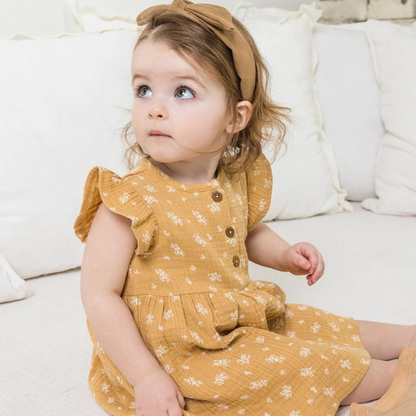 Organic Gia Muslin Ruffle Sleeve Baby Dress - Honeysuckle