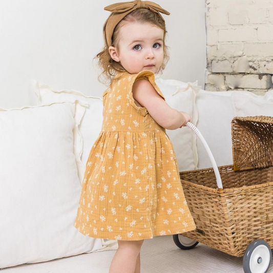Organic Gia Muslin Ruffle Sleeve Baby Dress - Honeysuckle