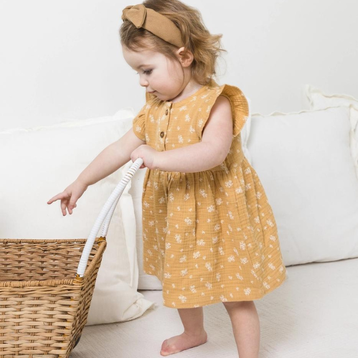 Organic Gia Muslin Ruffle Sleeve Baby Dress - Honeysuckle