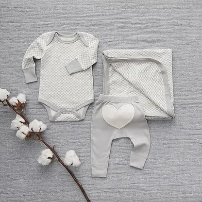 Organic Baby Pants - Heart Applique - Dove Gray - Back View on Flat Lay with Bodysuit and Blanket