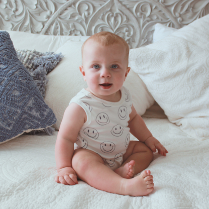 Organic Baby Tank Romper - Navy Blue Smiley Faces