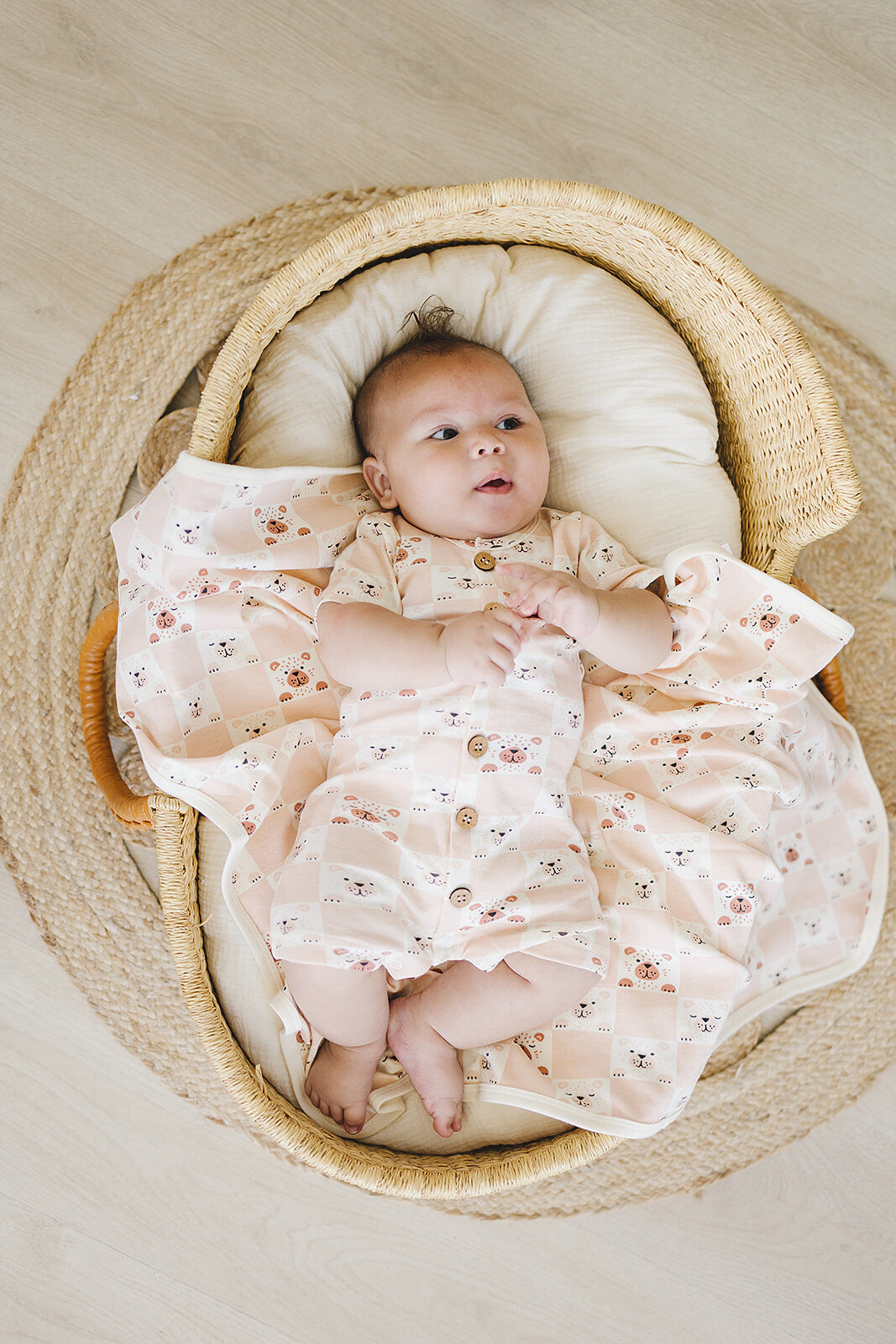 Organic Short Sleeve Baby Romper - Checkered Bear