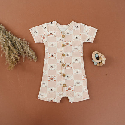 Organic Short Sleeve Baby Romper - Checkered Bear