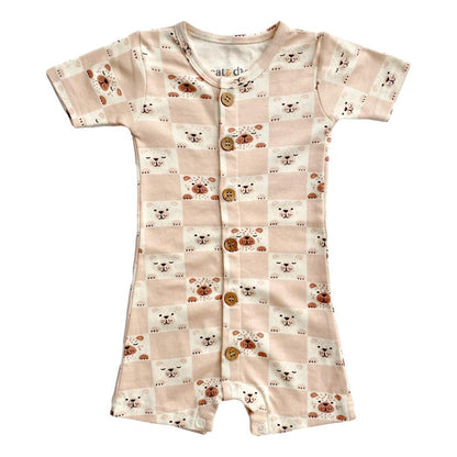 Organic Short Sleeve Baby Romper - Checkered Bear