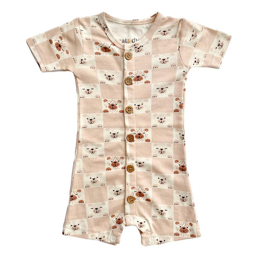 Organic Short Sleeve Baby Romper - Checkered Bear