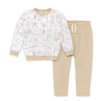 Organic Baby Easter Outfit Set - Bunny Toile French Terry Top & Harem Pants