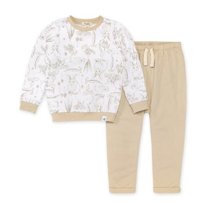 Organic Baby Outfit Set - Bunny Toile French Terry Top & Harem Pants