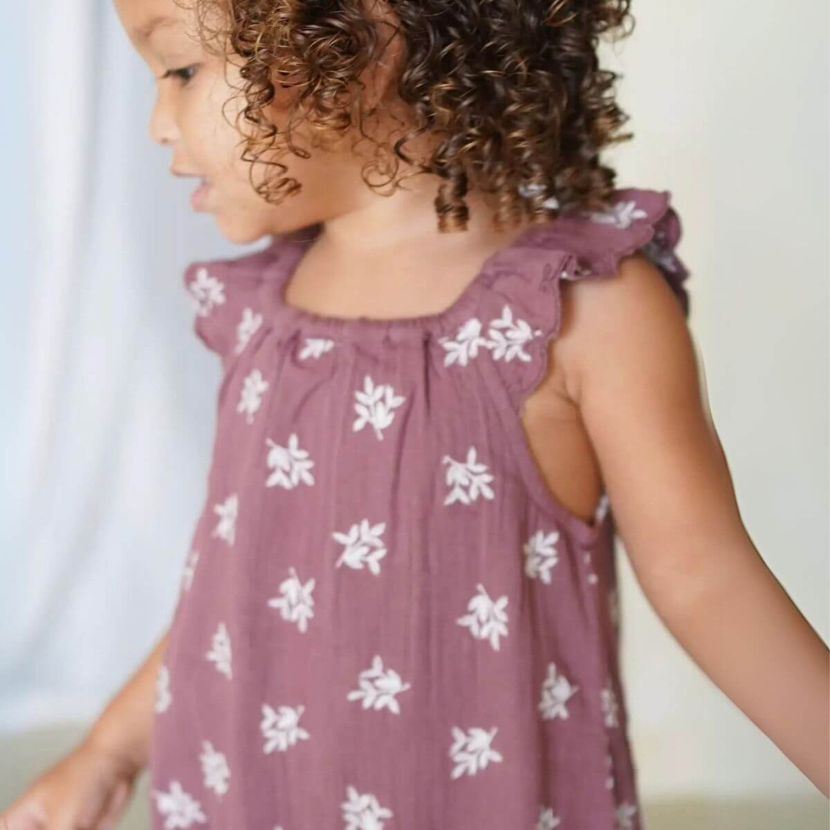 Caliope Organic Floral Baby Romper with Embroidery - Mulberry Ruffle Detail