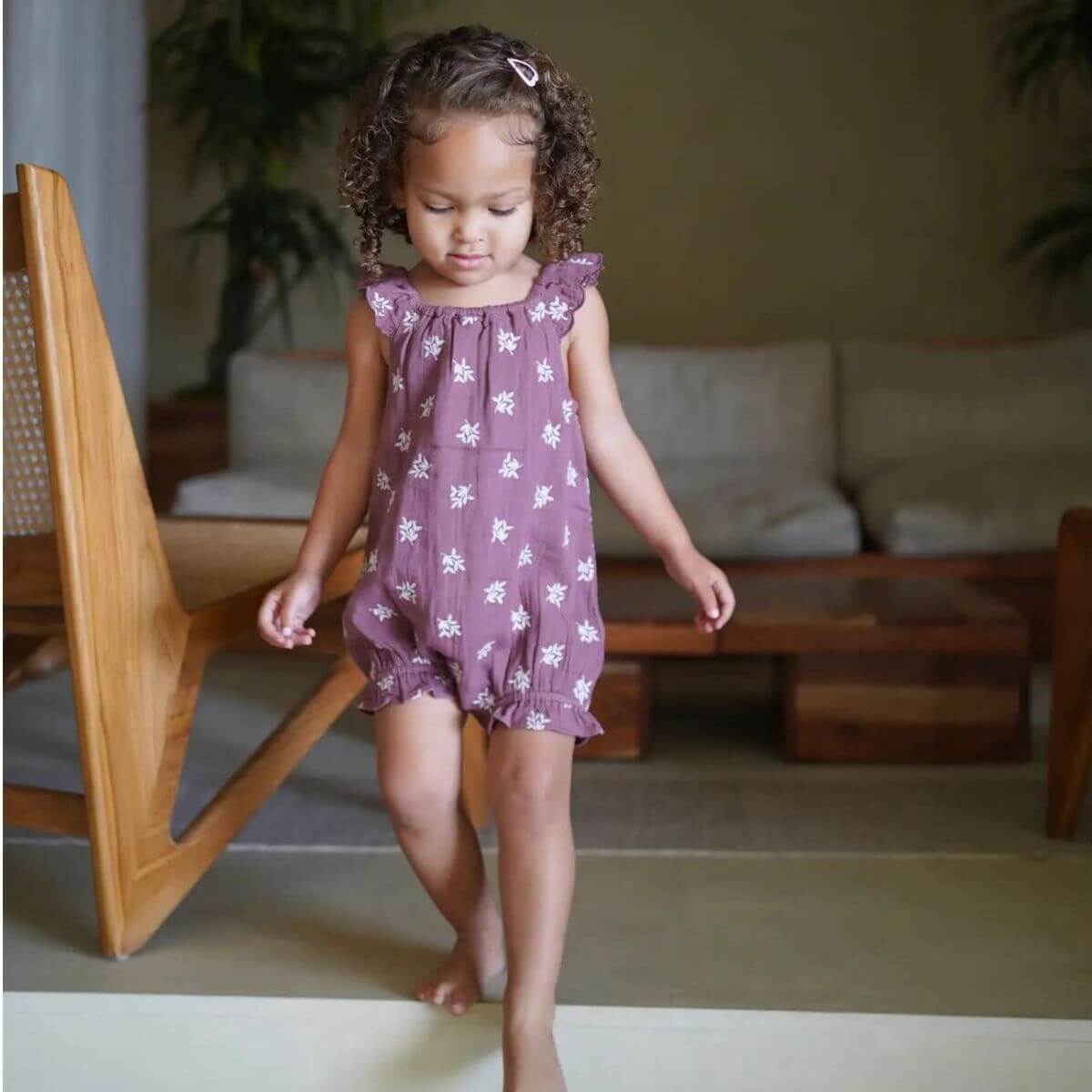 Caliope Organic Floral Baby Romper with Embroidery - Mulberry Full View on Model