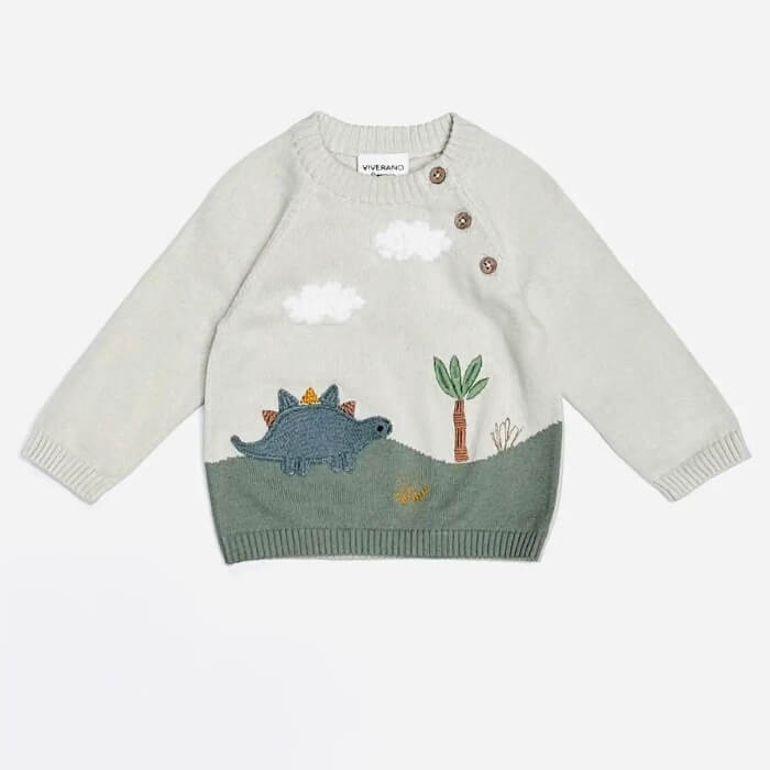 Dino Applique Button Baby Pullover Organic Sweater