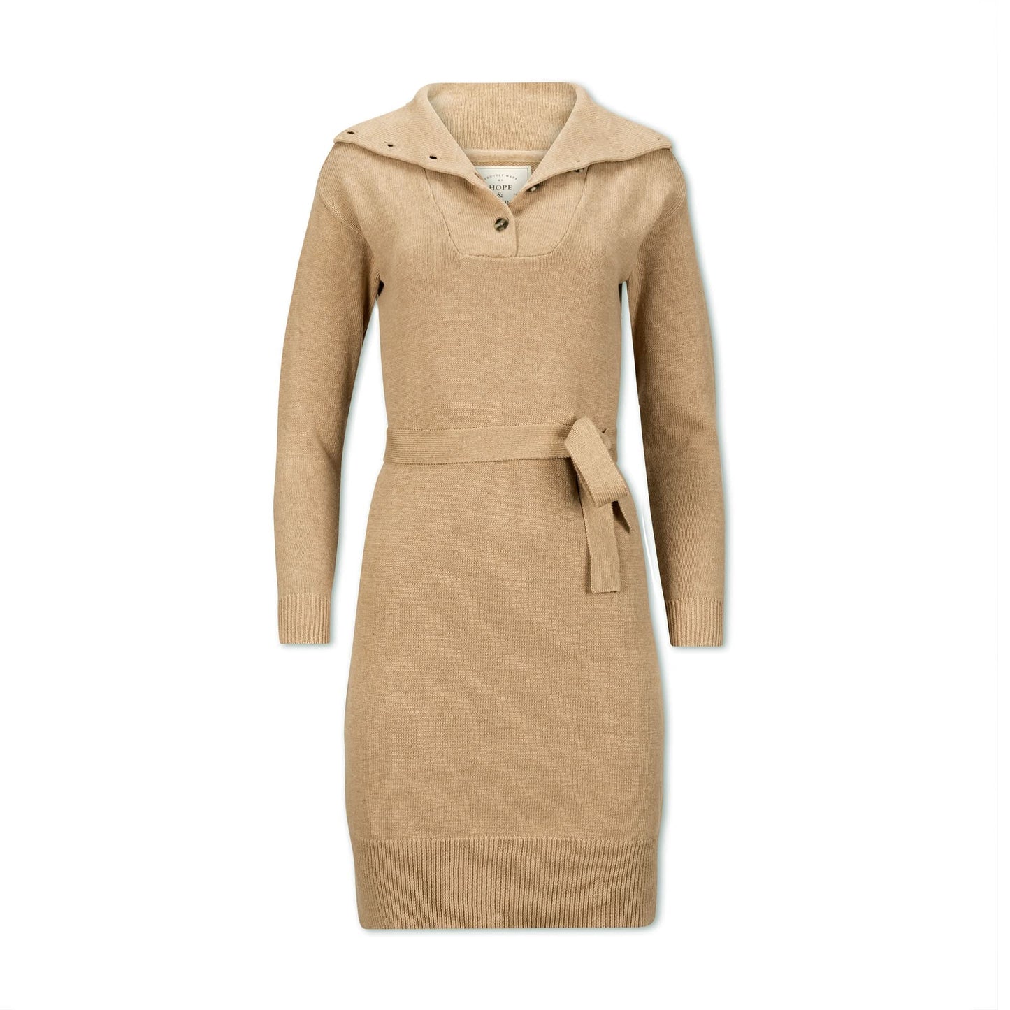 Women's Wide Collar Belted Organic Sweater Dress
