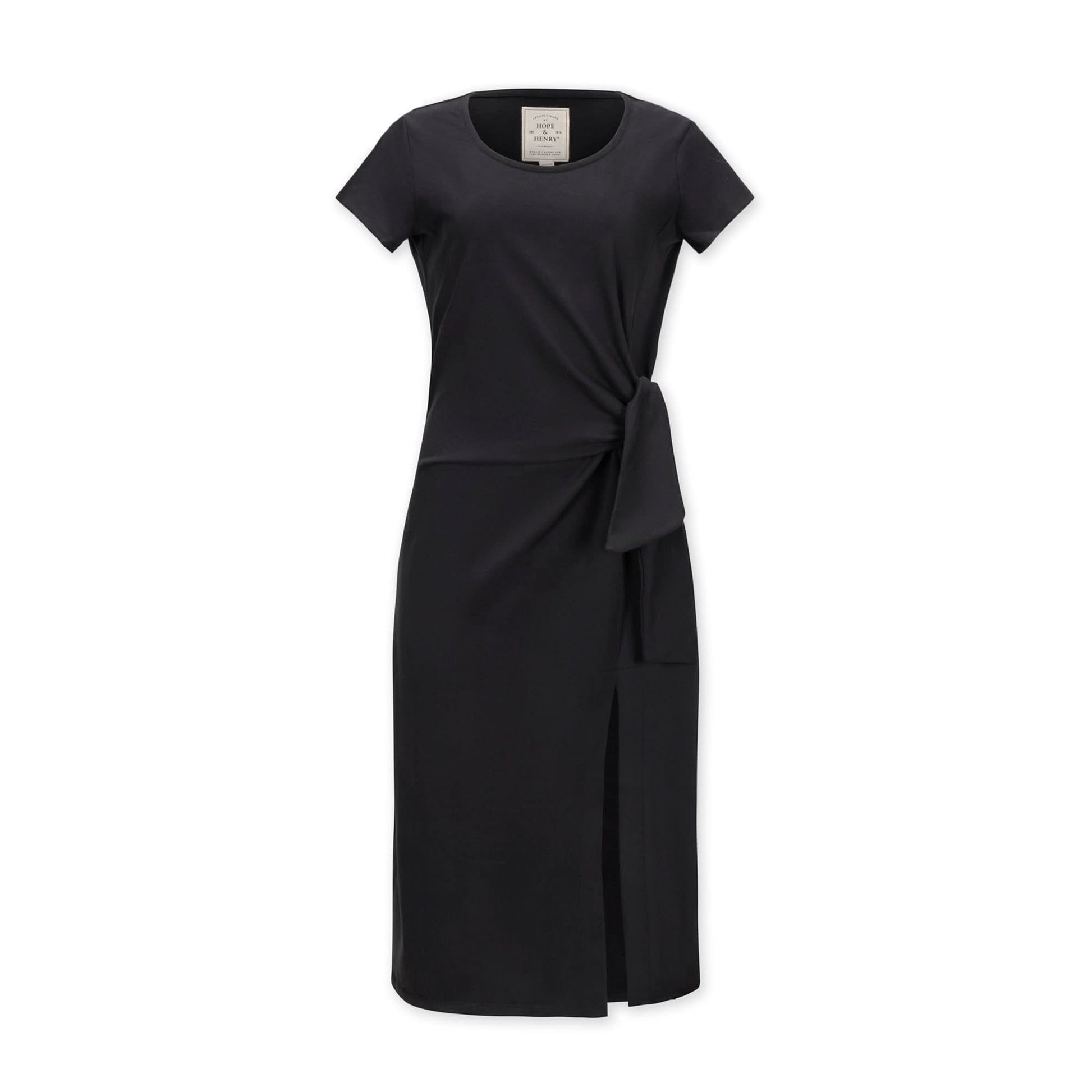 Hope & Henry Women's Organic Short Sleeve Knit Tie Midi Dress, Black Side-Tie, 4