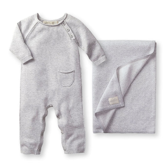 Organic Baby Raglan Knit Romper & Jacquard Blanket Gift Set