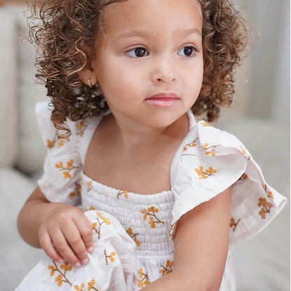 Haven Organic Baby / Toddler Floral Dress - Ecru Ruffle Sleeve Detail on Model