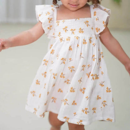 Haven Organic Baby / Toddler Floral Dress - Ecru Front View Chest and Flare Skirt 