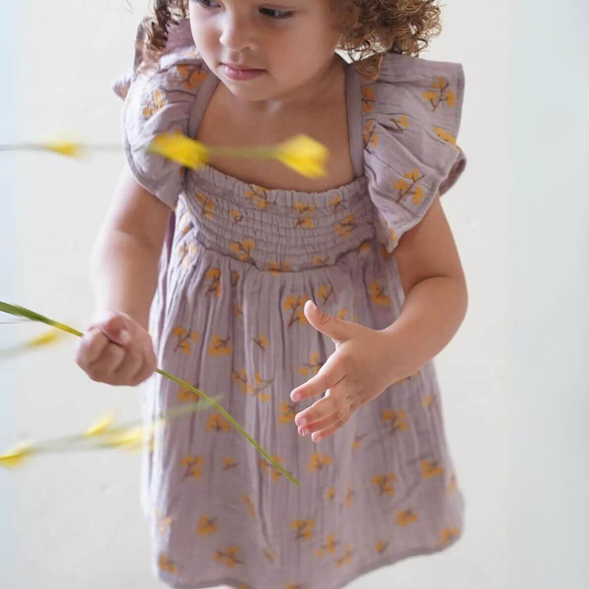 Haven Toddler Organic Floral Dress - Lavender front view on model toddler