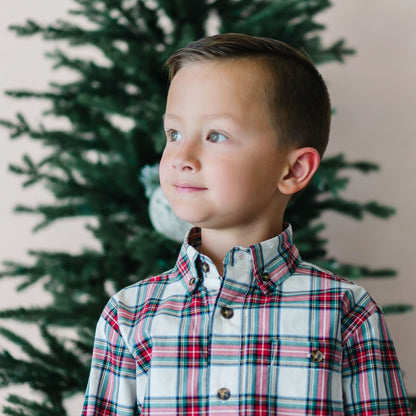 Boys Organic Button Down Shirt - Ivory Tartan