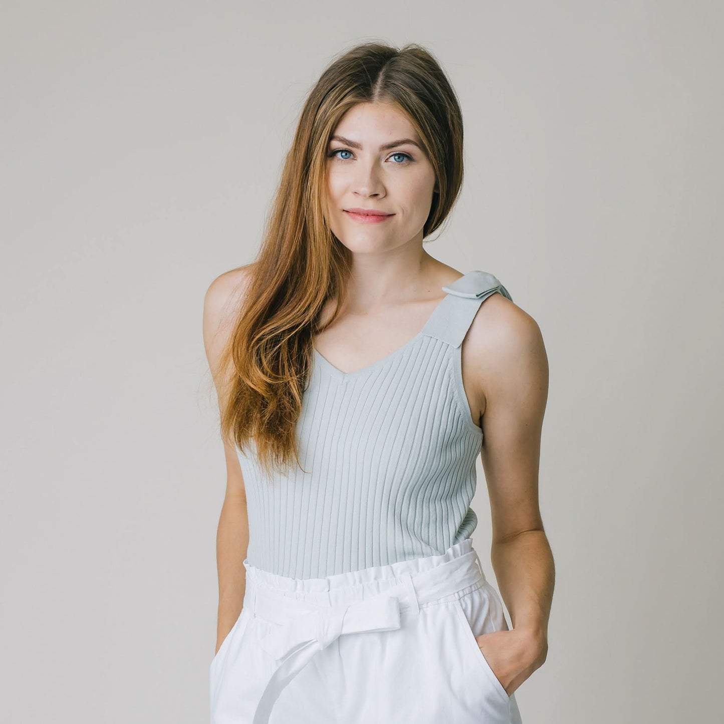 Women's V-Neck Rib Knit Tank with Bow