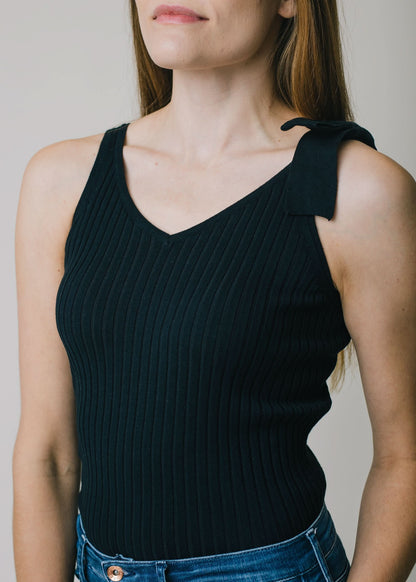 Women's V-Neck Rib Knit Tank with Bow