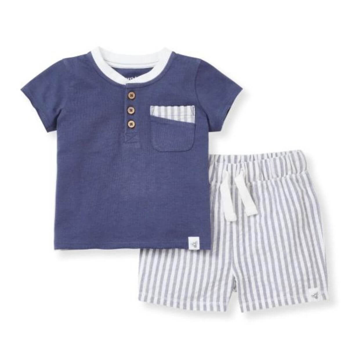 Organic Baby Boy Outfit / Henley Tee & Short Set - Seersucker