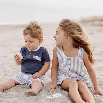 Organic Baby Boy Outfit / Henley Tee & Short Set - Seersucker