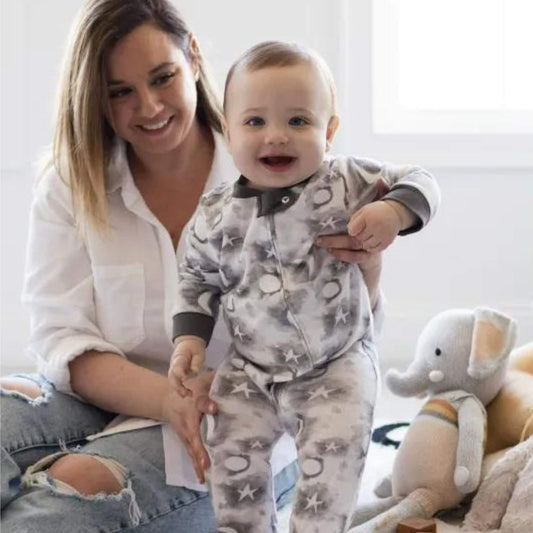 Organic Baby Zip Up Footed Sleeper - Cloudy Night Moon & Stars