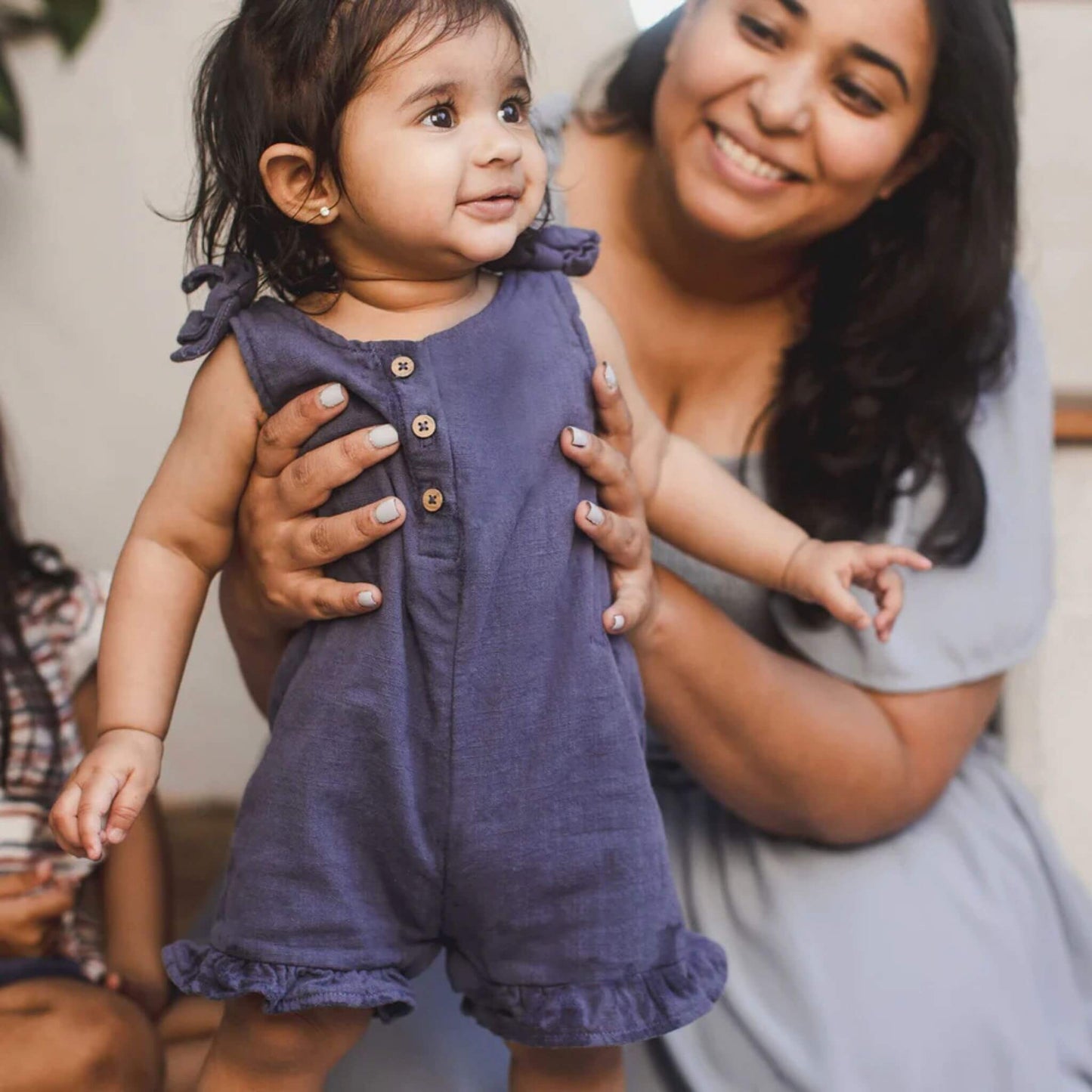Organic Check Gauze Blue Girl Romper - Blue Smoke